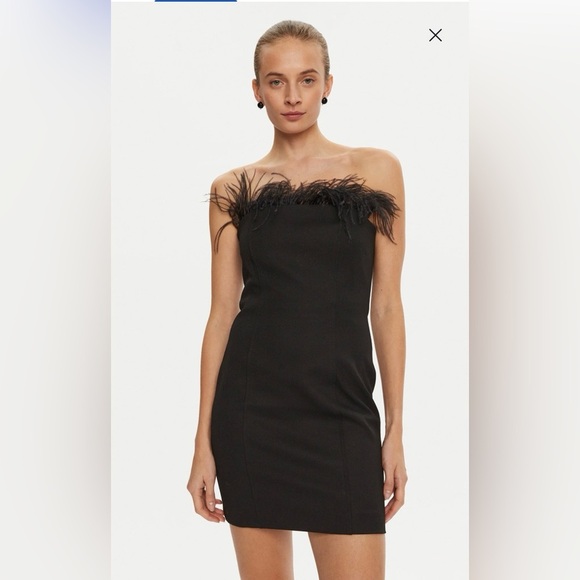 NWT MARELLA Black Strapless Sheath Dress with Ostrich Feather Trim Size 10 - Picture 1 of 12